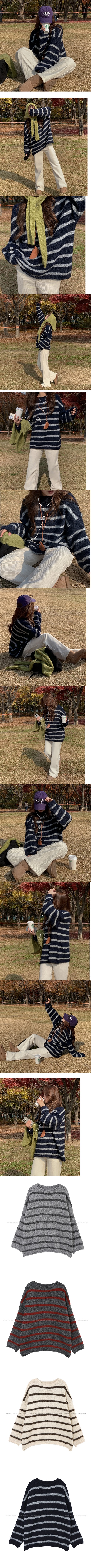 正韓 落肩條紋寬鬆針織長版上衣【A622391】 