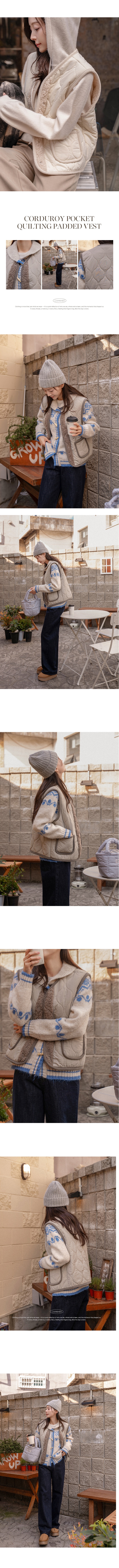 正韓 可愛口袋保暖毛絨 絎縫圓領燈芯絨背心外套【A62306】韓國代購