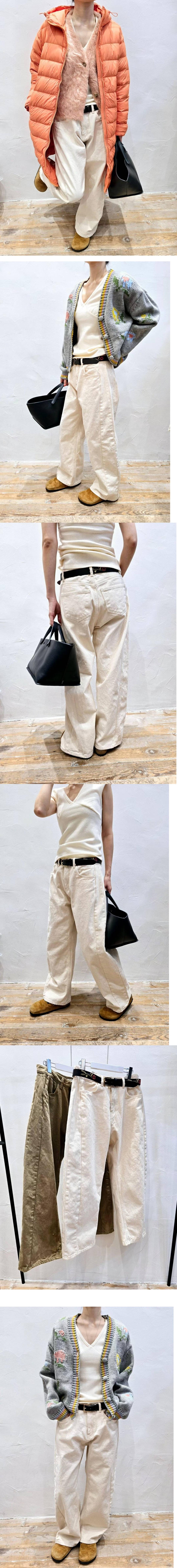 正韓 寬鬆版前車線內磨毛長 牛仔褲 米/白色【B323271】韓國代購