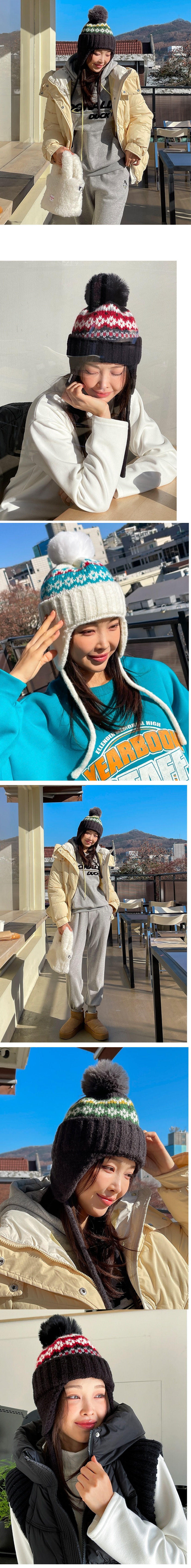 正韓 民族風雪花耳罩毛球毛帽【C623282】韓國代購