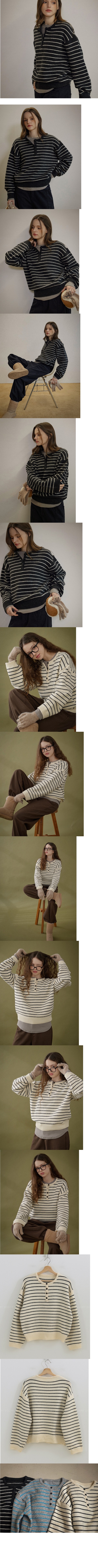 正韓 寬鬆開扣 亨利領條紋針織上衣【A623352】