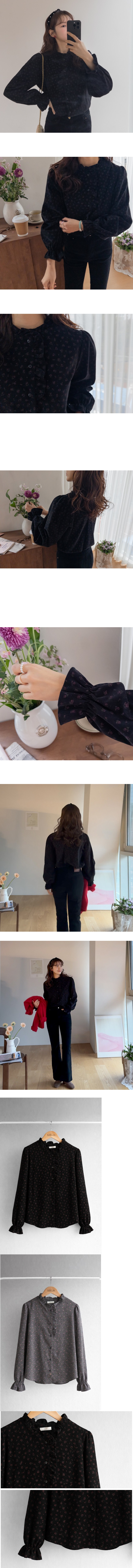  正韓 荷葉邊泡泡袖花朵圖案燈芯絨襯衫【A23417】 