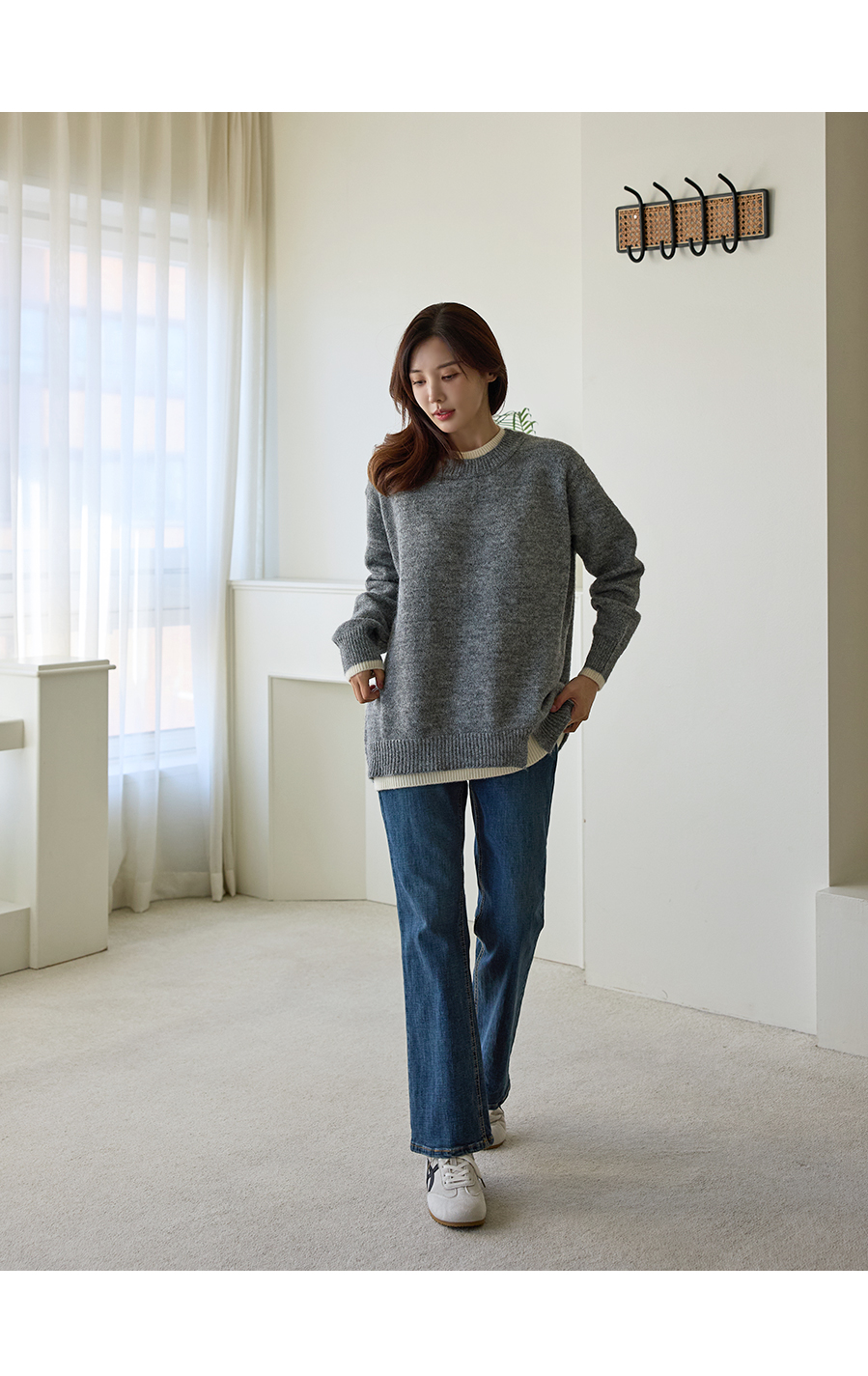 正韓 活潑配色塊拼接 寬鬆落肩針織上衣長版【B7293】韓國代購韓國代購