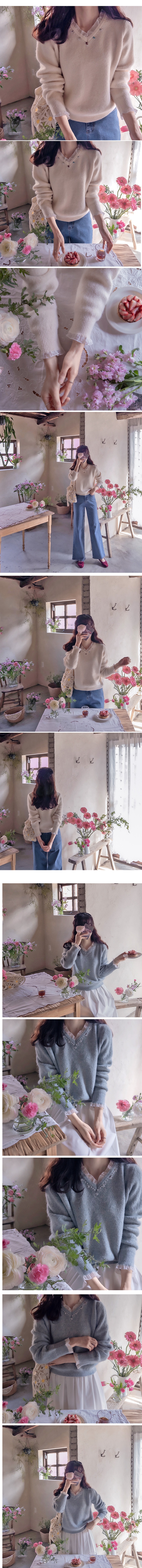  正韓 拼接寶石領袖 荷葉邊寬鬆羊毛針織衫【T72327】韓國代購