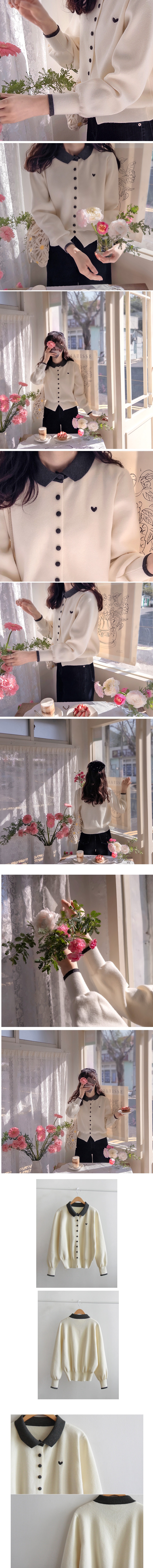  正韓 愛心刺繡領彈性柔軟開襟衫【F7236】韓國代購