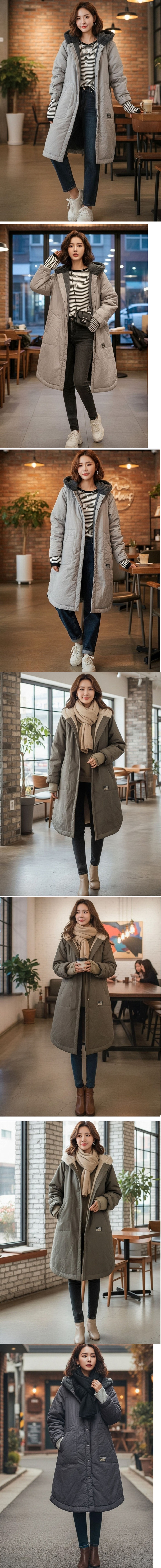  正韓 好保暖連帽毛毛內裡長版鋪棉 外套大衣【F72329】韓國代購