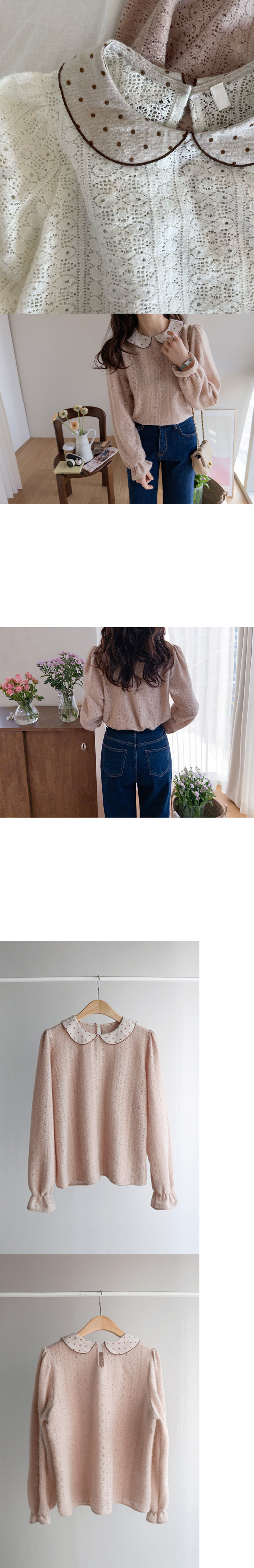 正韓 可愛的點點領 磨毛絨小抓褶袖襯衫【E72338】韓國代購