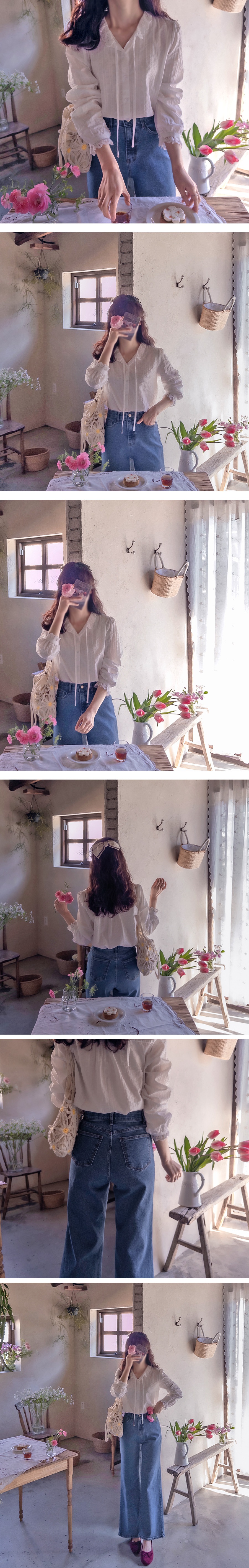 正韓 繫帶波浪蕾絲領甜美 襯衫【D742701】韓國代購