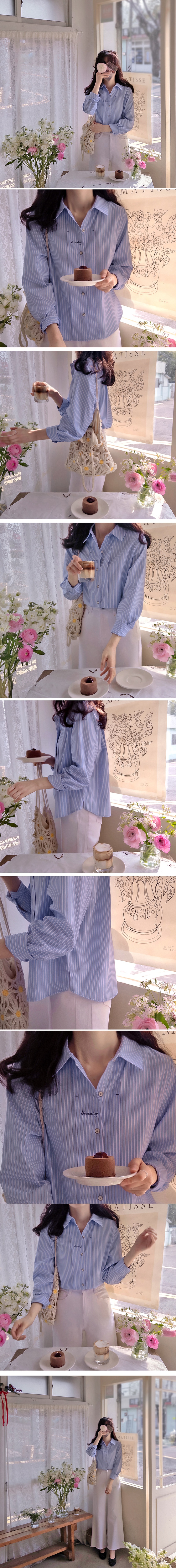  正韓 清新色彩字母刺繡 獨特鈕扣條紋襯衫【E7A4286】韓國代購