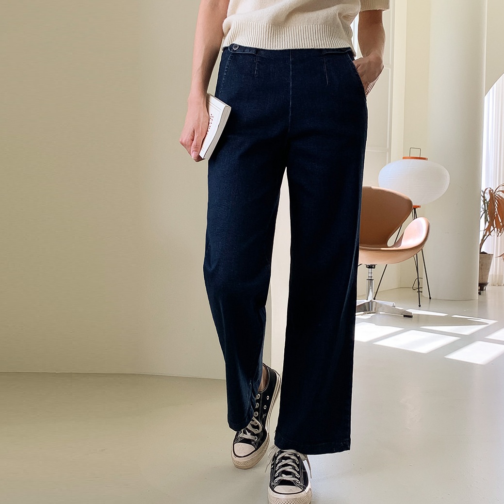  正韓 修身後鬆緊腰腰側扣牛仔直筒褲 九分寬褲【FS74293】韓國代購