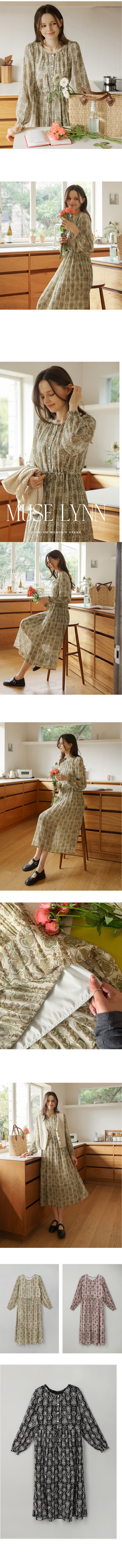 正韓 浪漫印花抽繩縮腰 雪紡長洋裝 連身裙【A74341】韓國代購