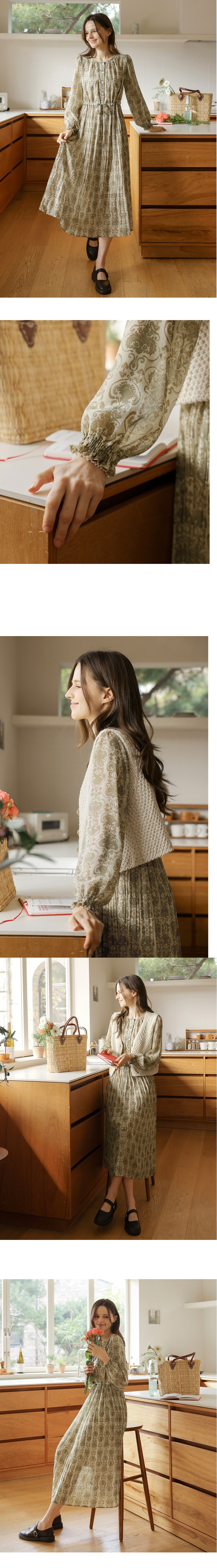 正韓 浪漫印花抽繩縮腰 雪紡長洋裝 連身裙【A74341】韓國代購
