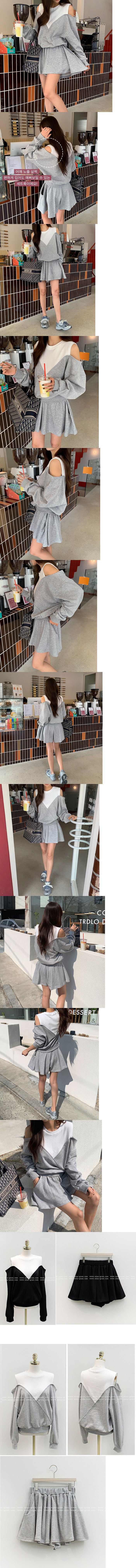 正韓  一套~休閒露肩挖空設計+短褲裙 套裝【A74372】 