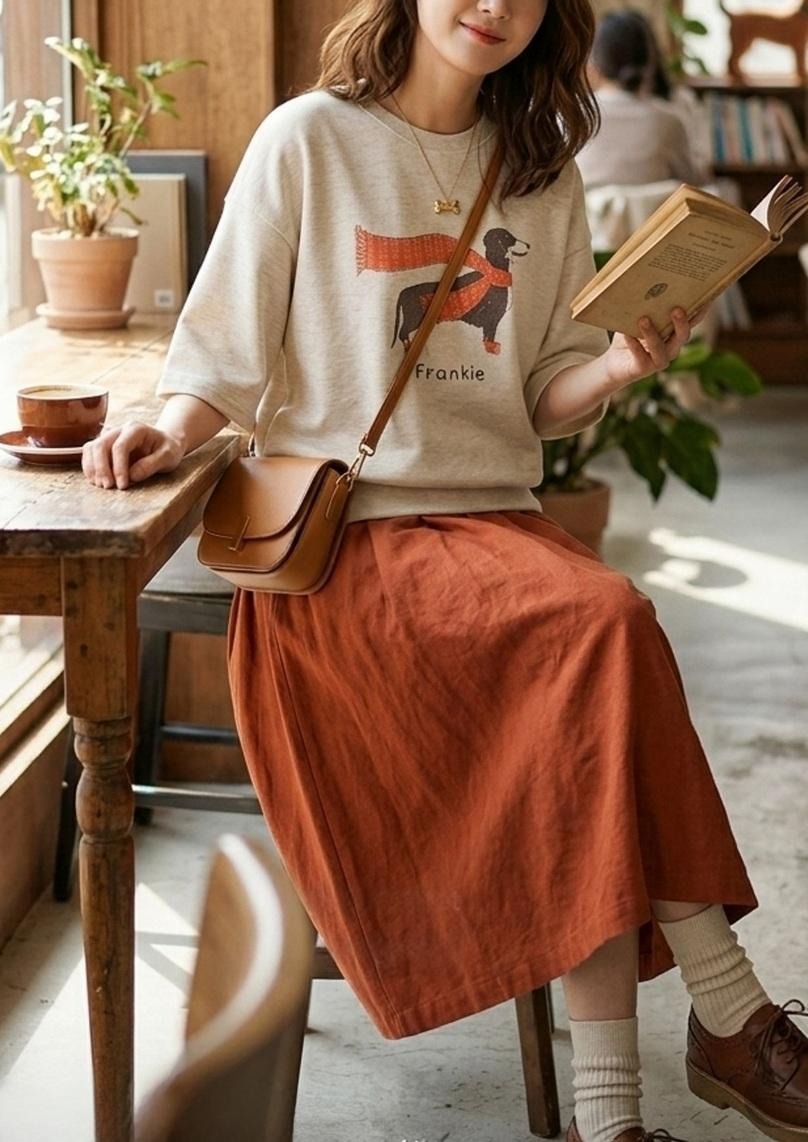 正韓 休閒可愛小狗印花 圓領落肩七分上衣T【D75202】韓國代購