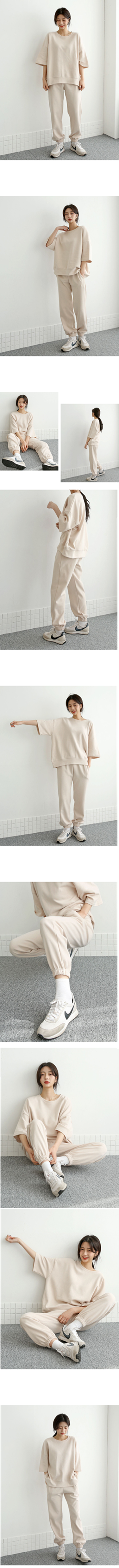 正韓 一套!落肩寬鬆T五分袖上衣+縮口褲 套裝運動【A75807】韓國代購