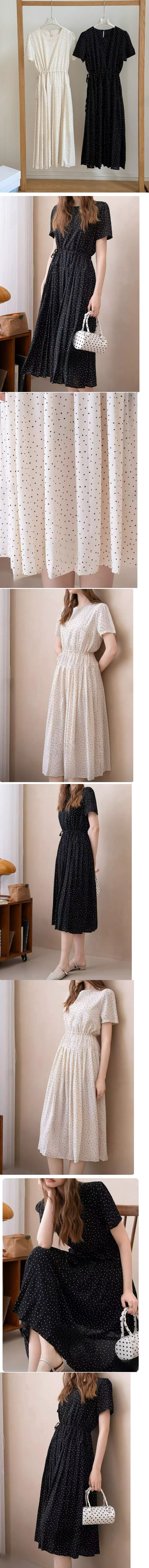  正韓 點點縮腰抓褶腰身 長洋裝連身裙【E75327】韓國代購