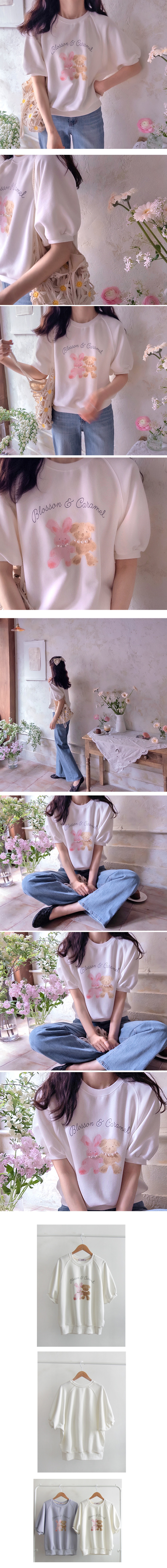  正韓 可愛兔子熊熊印花珍珠上衣小抓褶袖【EF75325】韓國代購