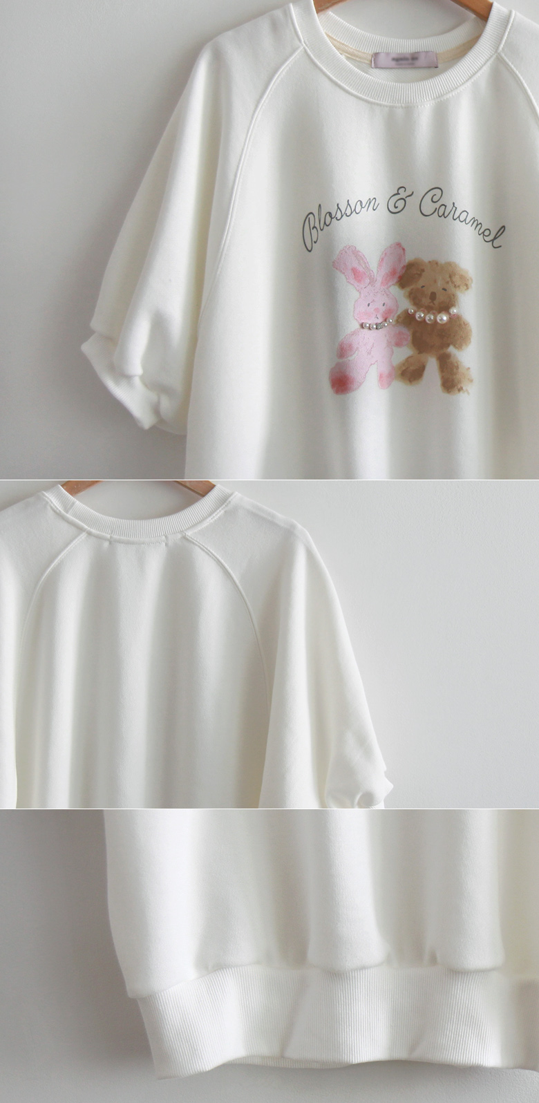  正韓 可愛兔子熊熊印花珍珠上衣小抓褶袖【EF75325】韓國代購