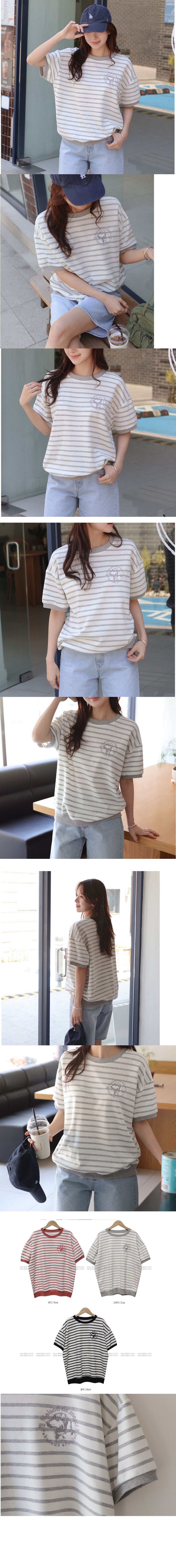 正韓   拚色條紋刺繡五分袖上衣T【A75346】 